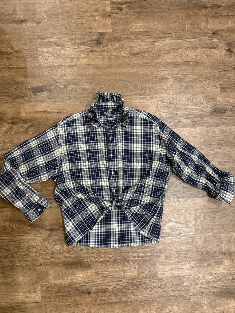 Polo Upcycled Plaid Button-Up with ruffled collar Shirt Navy White Size Large